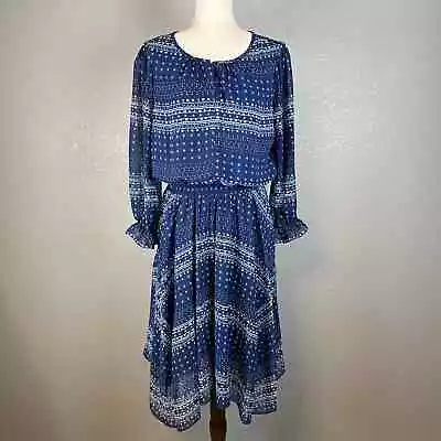 Shoshanna Womens Pacific Geometric Print Dress Size 10 Navy Blue 3/4 Sleeve • $64.99