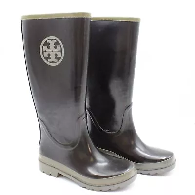 Tory Burch Tall Rubber Rain Boots With Printed Logo In Black/Grey - US Size 7 • $69.98