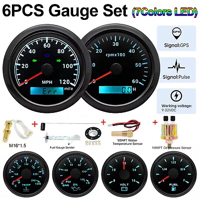 6 Gauge Set GPS Speedometer 120MPH W/Tacho 52mm Fuel Water Oil Pressure Voltage • $162.26