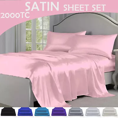 2000TC Silk Satin Pillowcase Flat Fitted Sheet Set Single/Double/Queen/King Bed • $34.19