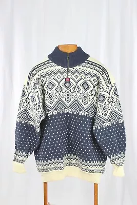Men's DEVOLD NORWAY Navy Cream 100% Wool Fair Isle Mock Neck Sweater Size L • $125