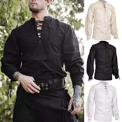 Retro Men Gothic Shirt Top Victorian Medieval Ruffle Pirate Puff Sleeve Bandage • £5.89