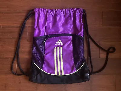 ADIDAS Drawstring Bag Backpack Shoe Mesh Zip Pocket Gym Purple & Black READ! • $16