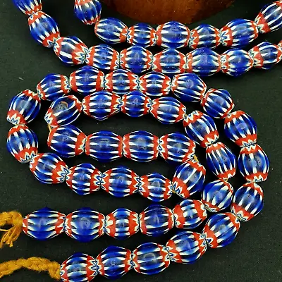 Vintage BLUE Chevron Beads Venetian African 13.5mm 15mmx17mm Beads Long Strand • $70