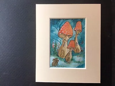 Aceo Original Watercolour Painting By Toni Fairy Toadstool House Rabbits • £7.30