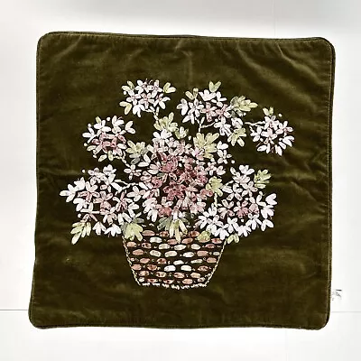 Green Velvet Ribbon Embroidery Floral Basket Zip Pillow SHAM 16x16 • $16.99