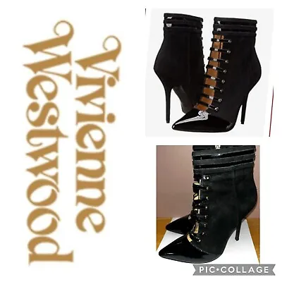 VIVIENNE WESTWOOD Black Suede Patent Stiletto Ankle Boots Booties Sz 36 US 5 1/2 • $89.98