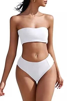 ZAFUL Womens High Cut Bandeau Bikini Set Strapless Solid Color 2 Pieces Bathing • $7.99