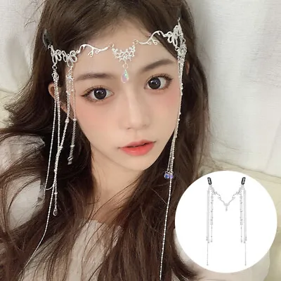 Chinese Women Long Tassel Forehead Chain Rhinestone Crystal Headpiece Jewelry • $3.69