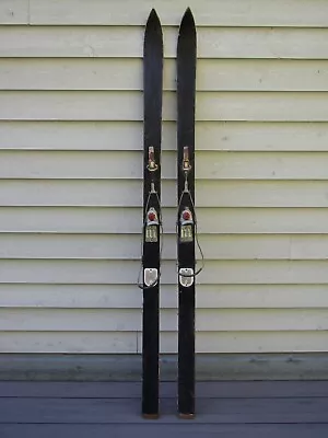 Great VINTAGE Old Wooden Black Snow Skis HEAD With Steel Bindings Measures 64  • $99.99