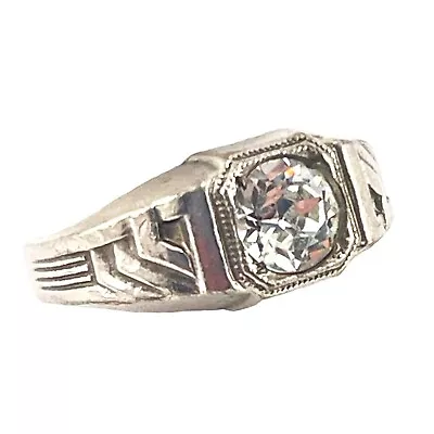 Men's Art Deco Silver Plated Faux Round Diamond Ring Antique Vintage 8.75 • $56