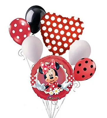 7 Pc Mad About Minnie Happy Birthday Balloon Bouquet Party Decoration Red Dots • £12.64