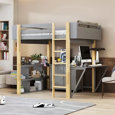 Full Size Wood Loft Bed With Built-in Storage Cabinet And Foldable Desk US • $704.50