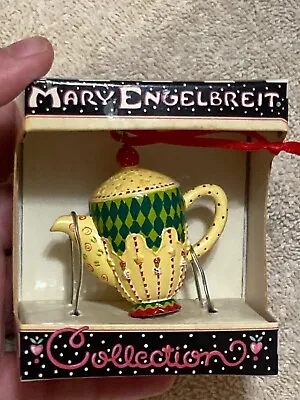 Mary Engelbreit Collection  Yellow Red Dots Green Diamond Ceramic Teapot Orn • $18