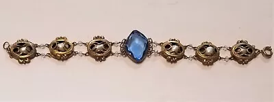 Antique Czech Vintage Art Deco Bracelet Gold Plate Mabe Pearl Blue Glass Center • $42