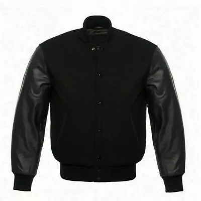 Black Color Plain Dyed Winter Men's New Varsity Jackets Wool Made Leather Sleeve • $69