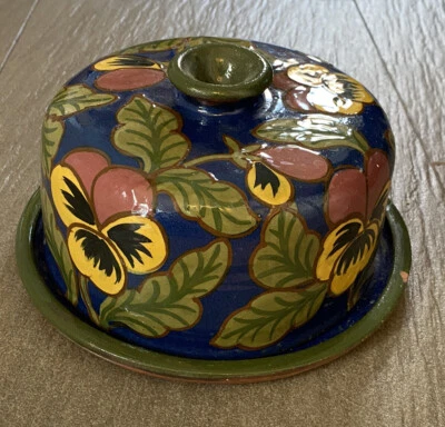 £85 • Buy Wendy Mason Shrewsbury Pansy Design Pottery Cheese Dish & Cover Handmade 1980s