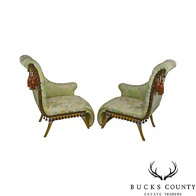 French Louis XV Style Vintage Pair Silver Gilt Recaimer's Small Chaise Lounges • $2995