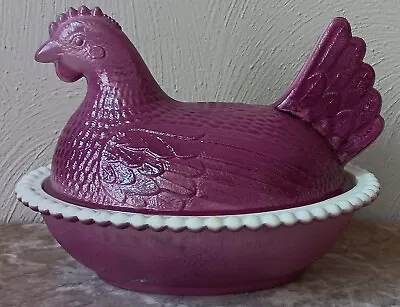 Chicken Hen Covered Dish - Milk Glass Airbrushed Purple - Indiana Glass USA • $64.99