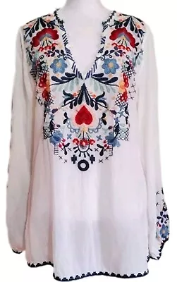 Johnny Was Rayon White Floral Embroidered Long Sleeve Boho Tunic Top. S • $78