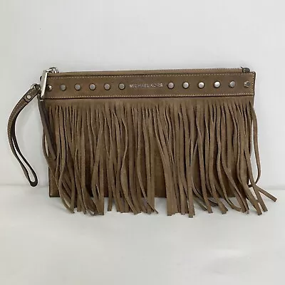 Michael Kors Beige Suede Fringe Clutch Zip Close Wrist Strap • $69