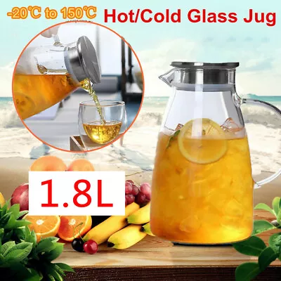 1.8L Glass Pitcher Water Glass Jug Milk Juice -20~150°C Stainless Steel With Lid • £15.99