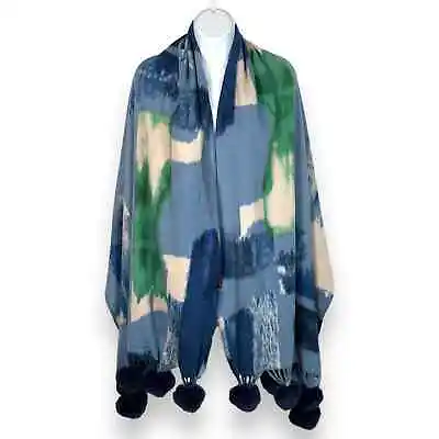 Jayley Cashmere Blend Abstract Blue Cream Green Large Wrap Shawl W Fur Pom Poms • $42.72