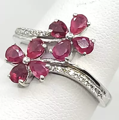 STS Jewels Sterling Silver 925 Red Ruby White Topaz Daisy Flower Bypass Ring Sz8 • $32.99