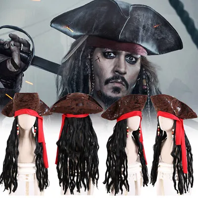 Caribbean Pirate Hat Captain Jack Fancy Dress Up Hair Sparrow With Hair Costume • £12.58