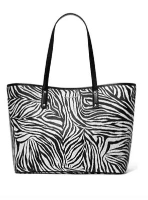 New $258 Michael Kors Carter Large  Leather Black/ White Zebra Open Tote Bag • $98