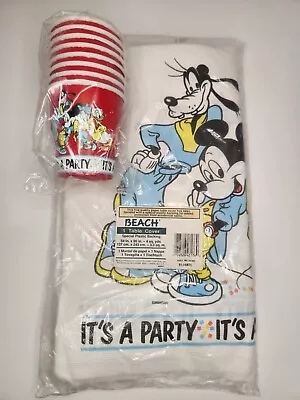 VTG Disney Mickey Mouse & Friends Party 54X96” Table Cover & Cups Birthday USA • $9