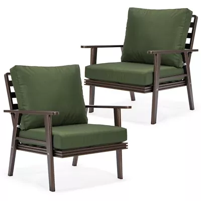 LeisureMod Walbrooke Outdoor Patio Brown Aluminum Armchairs Set Of 2 Green • $980.30
