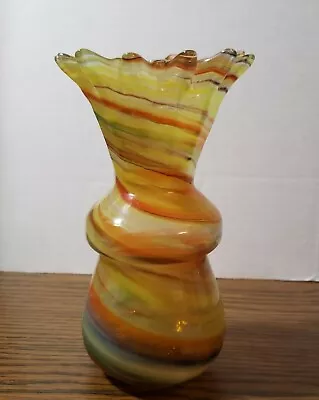 Vintage Studio Art Glass Hand-Blown Orange Yellow Green Swirl Vase 7” End Of Day • $19.79