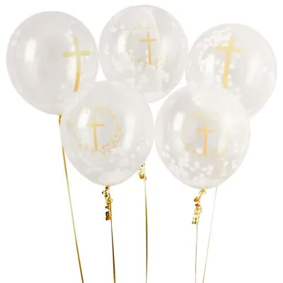 Holy Communion Confirmation Party Gold Print Cross Confetti Latex Balloons X 5 • £4.99