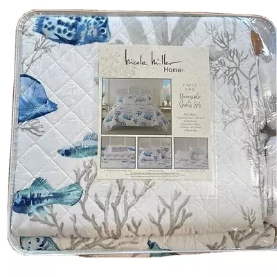 9pc Nicole Miller Blue Fish Coral Ocean KING Quilt Set Sham Sheets Throw Pillows • $209.24