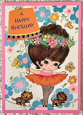 Unused Birthday Girl Tightrope Circus Cat Retro Mod Vtg Greeting Card 1960-70s • $4.88