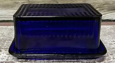 Cobalt Blue Glass Retro Thick Covered Butter Mold Dish • $37.15