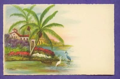 E G Barnhill Old Florida Color Card Palms Bird Water Ocean Coast Beach House FL • $0.99