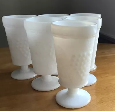 Vintage Milk Glass Pedestal Goblet White Footed Cup Grape Vine Pattern Set Of 6 • $15