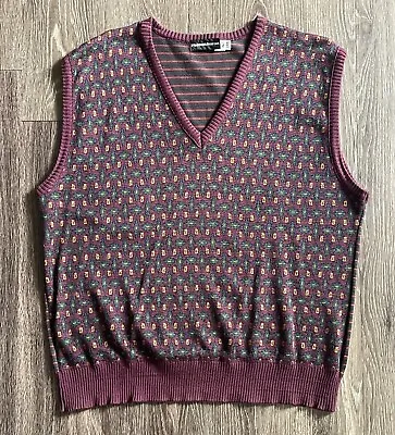 Vintage Neiman Marcus Sweater Vest Mens XL Purple Green Brown Knit Made USA • $29.99