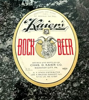 Irtp Kaier's Bock Beer Quart Bottle Label Kaier Brewing Co Mahanoy City Pa • $8.99