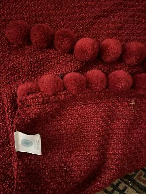 Preowned MARTHA STEWART RED Acrylic Big Ball Fringe Throw Blanket Appx 56”x72” • $21