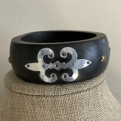 Wooden Bangle Bracelet With Silver Fleur De Lis Chunky Viking Bracelet • $7.70