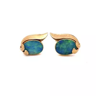 Large Vintage Oval Irredescent Opal Cabochon Cufflinks 14K Yellow Gold • $4595