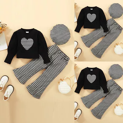 Kids Baby Girls Long Sleeve Shirt Tops + Flare Pants + Hat Set Clothes Outfits • £9.89