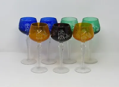 Set Of 7 Imperial Crystal Nachtmann Style Colored Etched Cut Hock Wine Glasses • $195