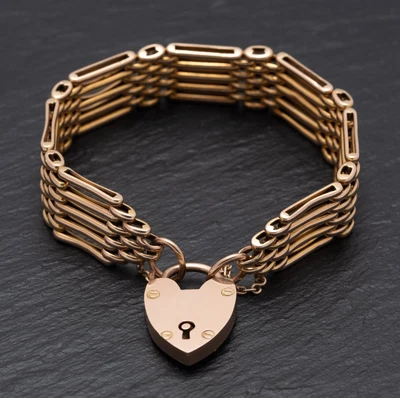 Vintage 9ct Gold Gate Bracelet Five Bar With Padlock Design Clasp 23 Grams • £795