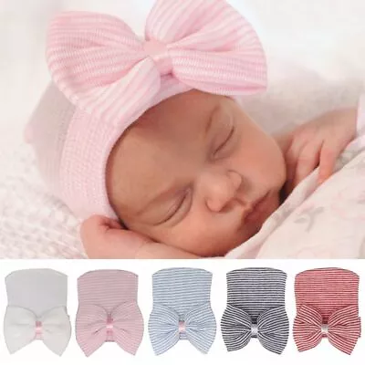 Stripe Infant Hat Cap With Bow Newborn Hospital Hat Baby Hats Nursery Beanie • $7.02