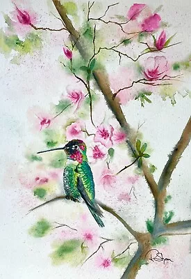 Sheerwatercolors Original Painting Hummingbird Cherry Blossoms Floral Decor • $39.99