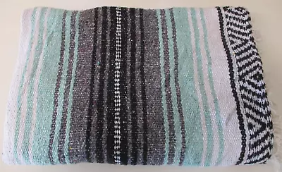 Mexican Blanket Throw Rug Green Woven Stripe Picnic Festival Camping -M82 • £22